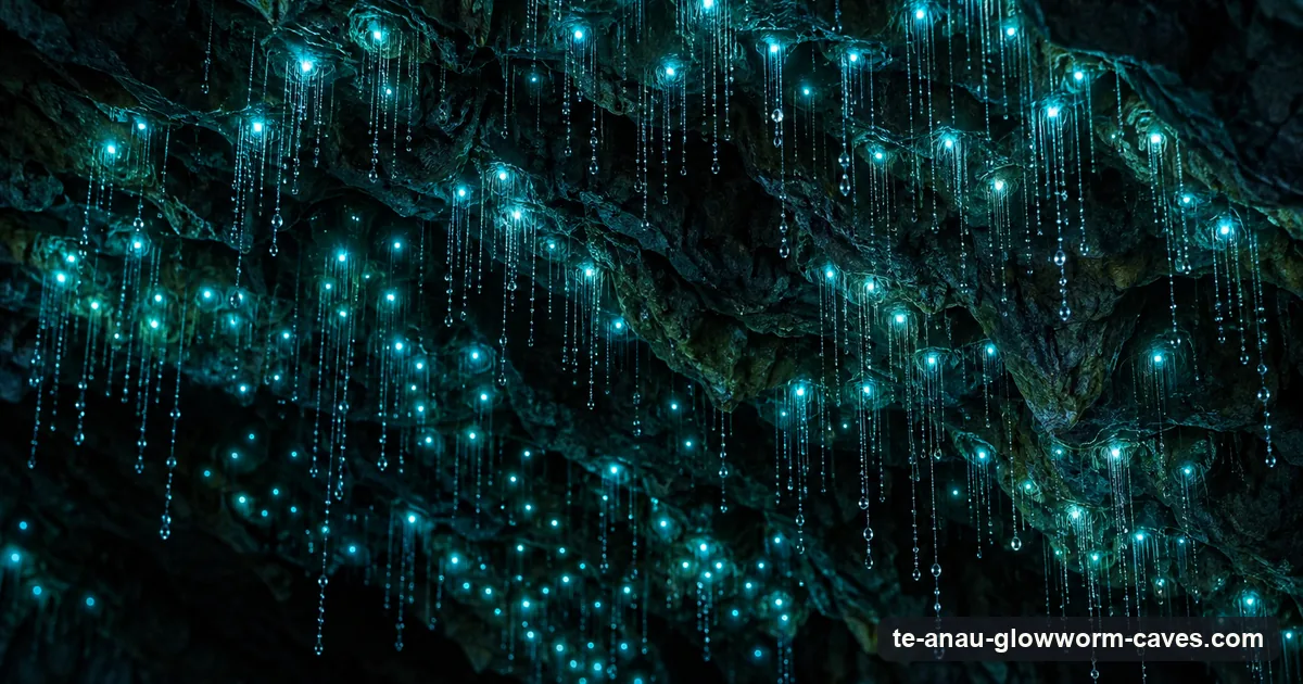 Illustration: a small flat-bottomed boat with a handful of seated visitors gliding through a dark cave beneath a ceiling of tiny blue-green lights