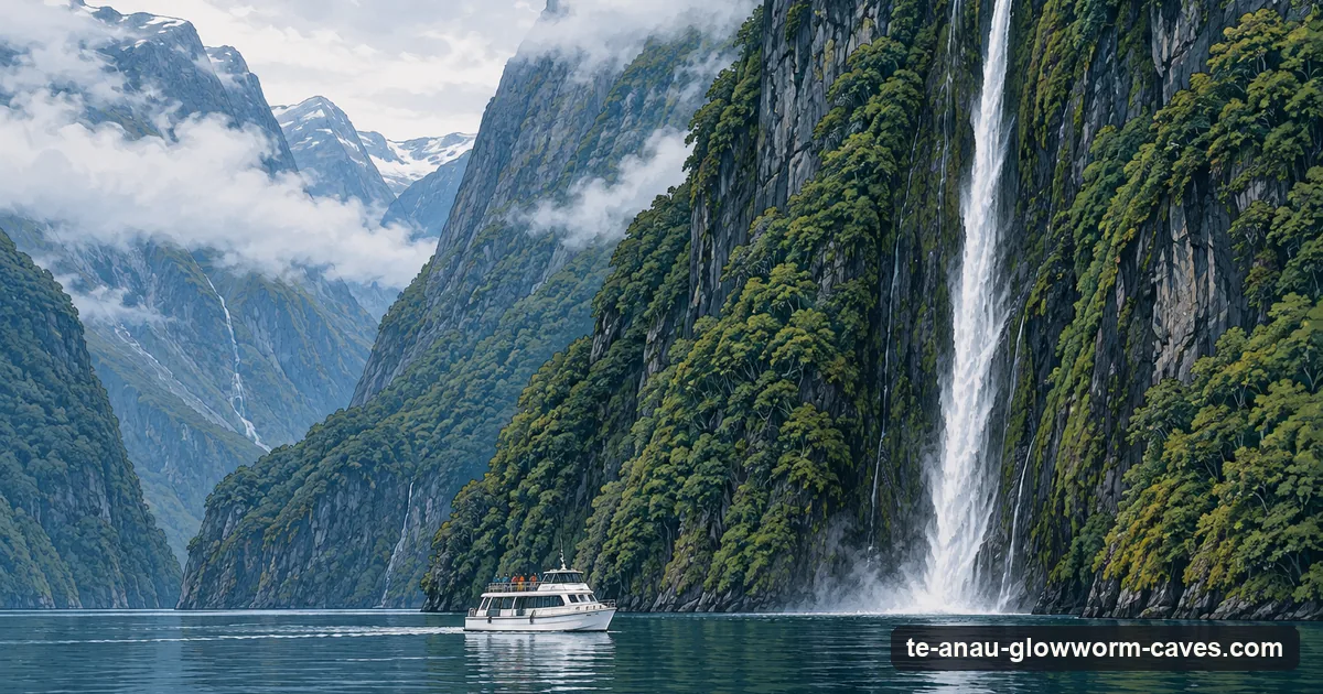 Illustration: a cruise boat small beneath sheer green cliffs and a tall waterfall in a fiord, low cloud on the peaks