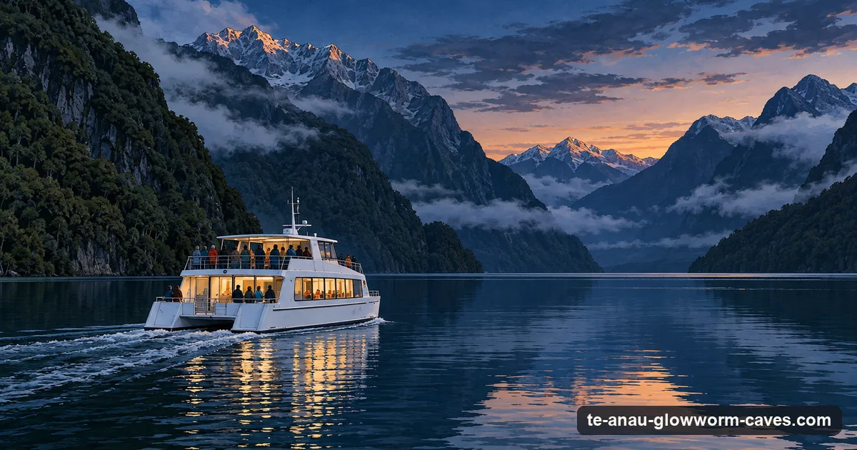 Illustration: a catamaran with lit windows crossing a dark lake at dusk, the last light on the mountain tops behind