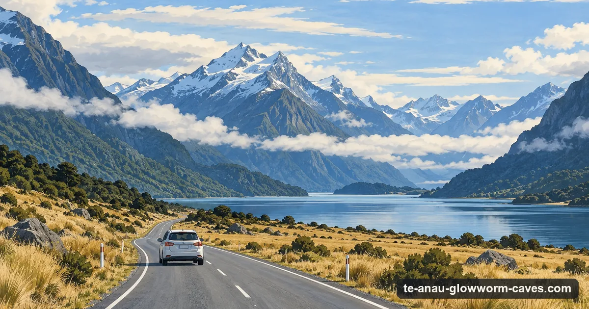 Illustration: a rental car on an empty two-lane road through golden tussock country, snow-dusted mountains ahead under a wide sky
