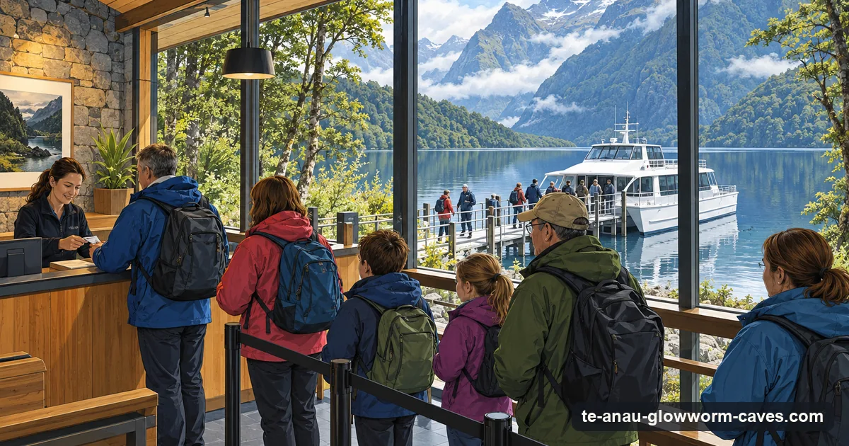 Illustration: visitors with jackets queueing at a check-in desk in a lakeside visitor centre, a catamaran moored at the jetty through the window