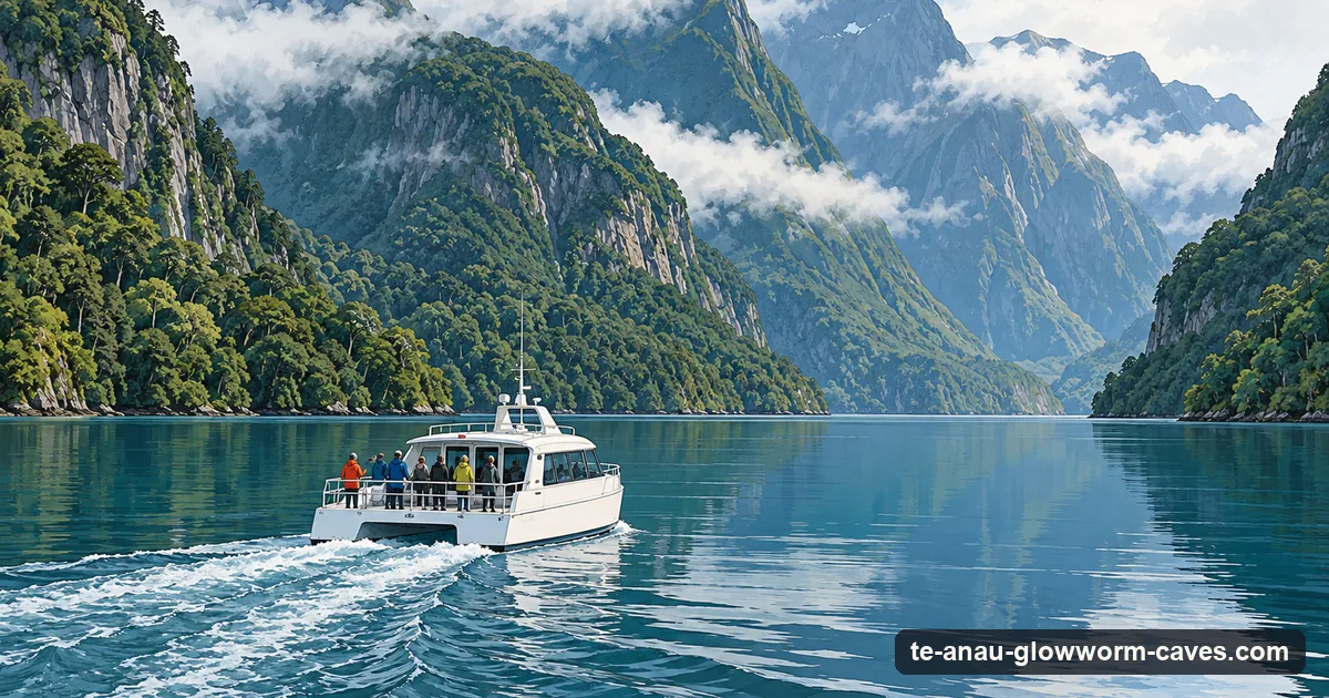 Illustration: a small white catamaran crossing a wide calm lake towards forested mountains, its wake trailing behind
