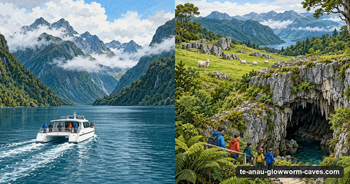 Illustration: a split scene, on the left a catamaran crossing a mountain lake towards forested shores, on the right green rolling farmland with a cave mouth among limestone outcrops
